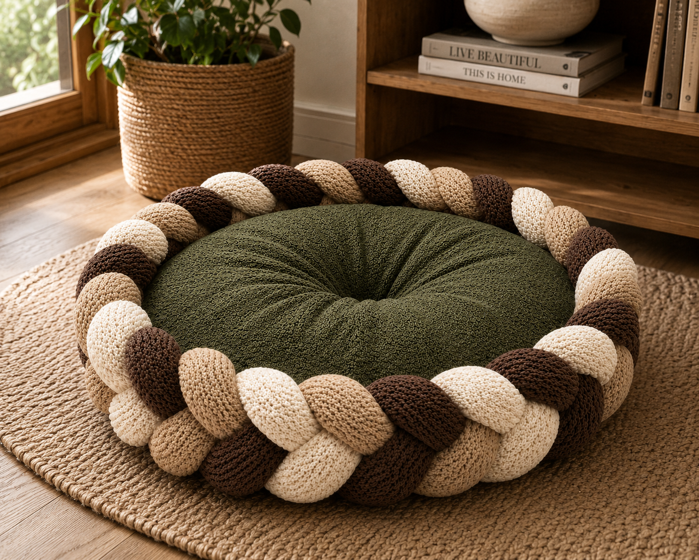 Handwoven Braided Calming Pet Bed – Soft Cushion Nest for Cats & Small Dogs