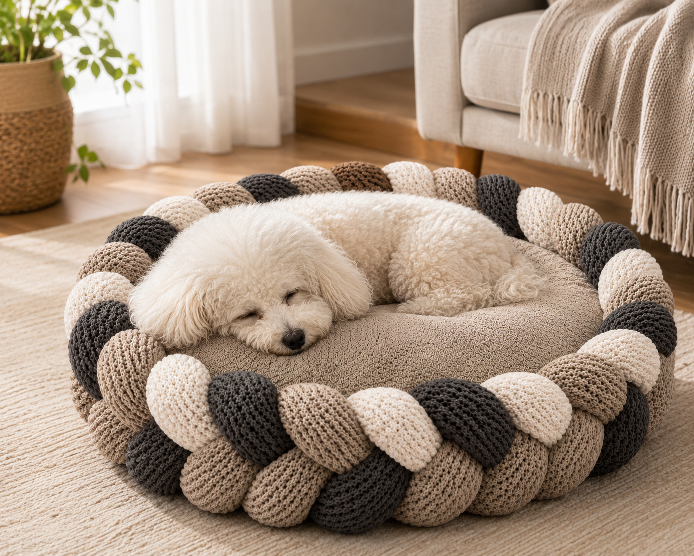Handwoven Grey Braided Calming Pet Bed – Soft Nest Cushion for Cats & Small Dogs