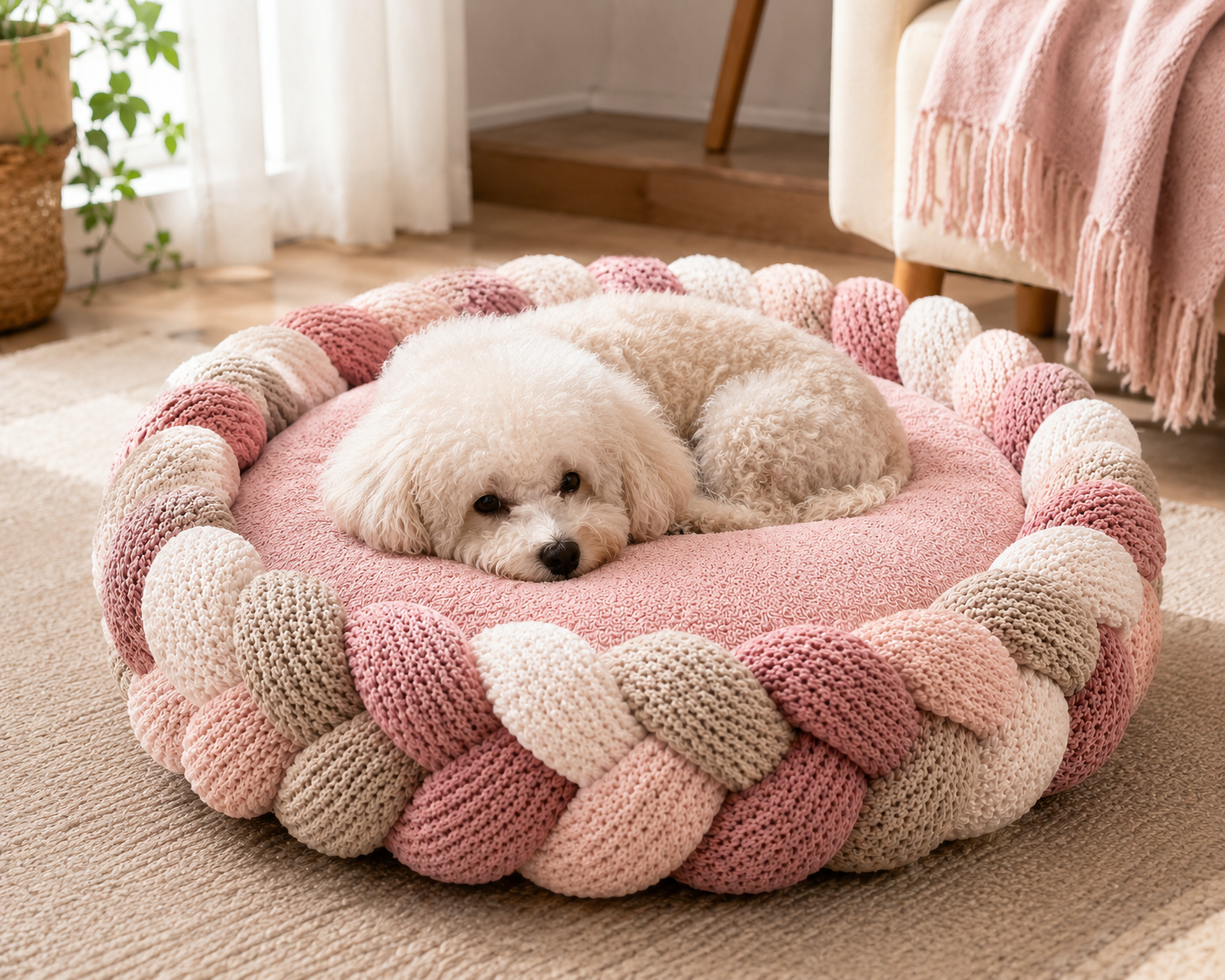 Handwoven Pink Braided Calming Pet Bed – Cozy Nest Cushion for Cats & Small Dogs