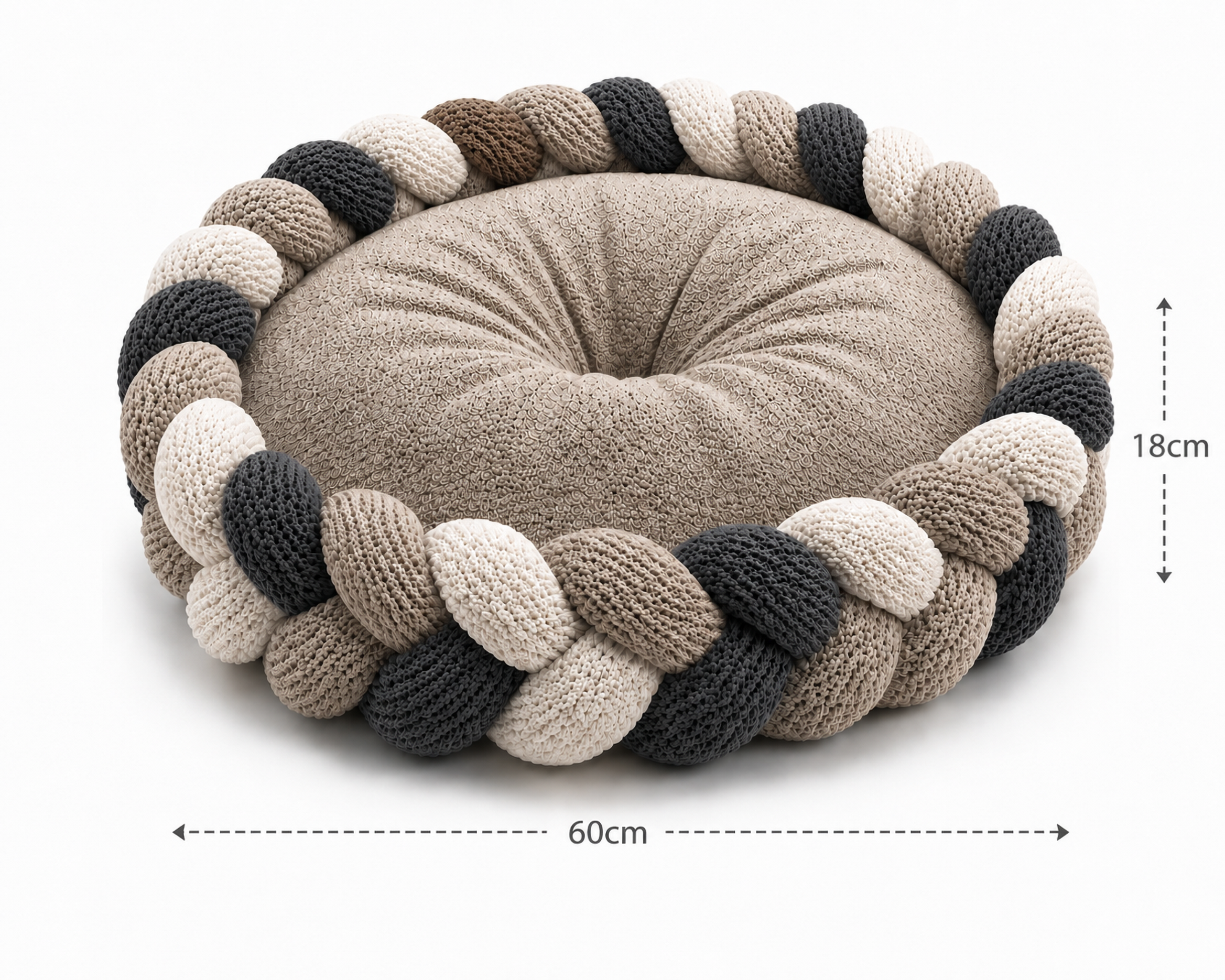 Handwoven Grey Braided Calming Pet Bed – Soft Nest Cushion for Cats & Small Dogs