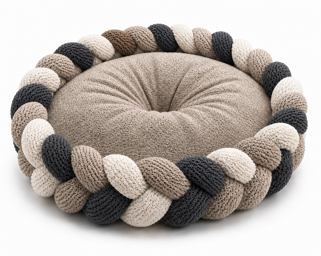 Handwoven Grey Braided Calming Pet Bed – Soft Nest Cushion for Cats & Small Dogs