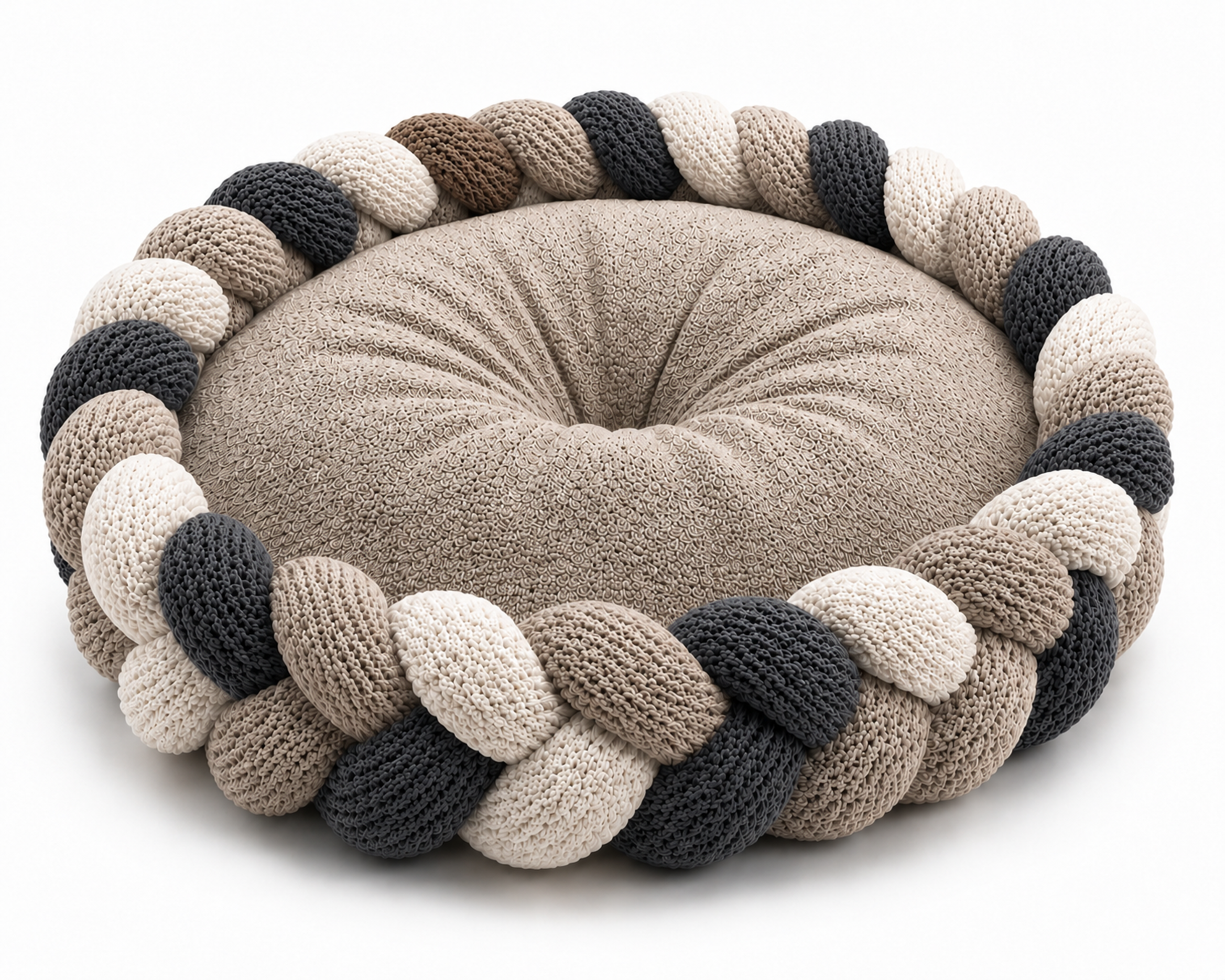 Handwoven Grey Braided Calming Pet Bed – Soft Nest Cushion for Cats & Small Dogs