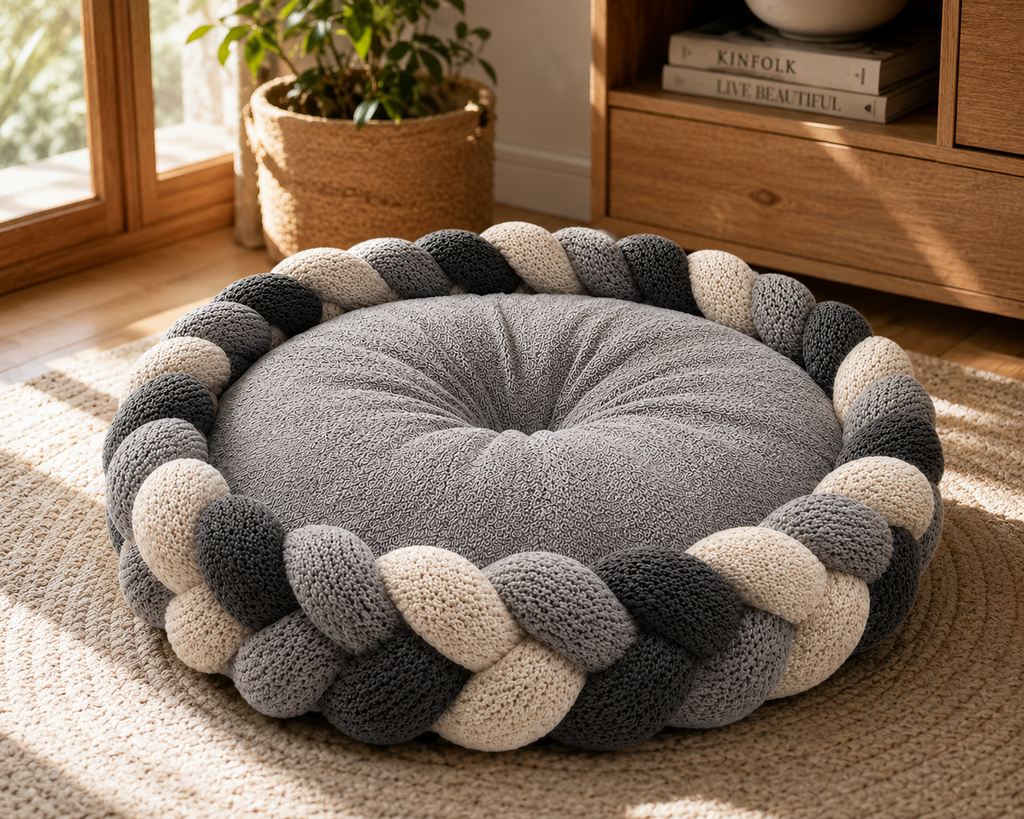 Handwoven Silver Grey Braided Calming Pet Bed – Plush Nest Cushion for Cats & Small Dogs