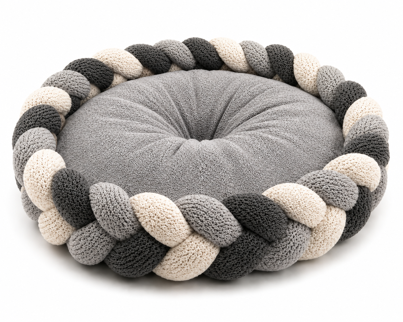 Handwoven Silver Grey Braided Calming Pet Bed – Plush Nest Cushion for Cats & Small Dogs