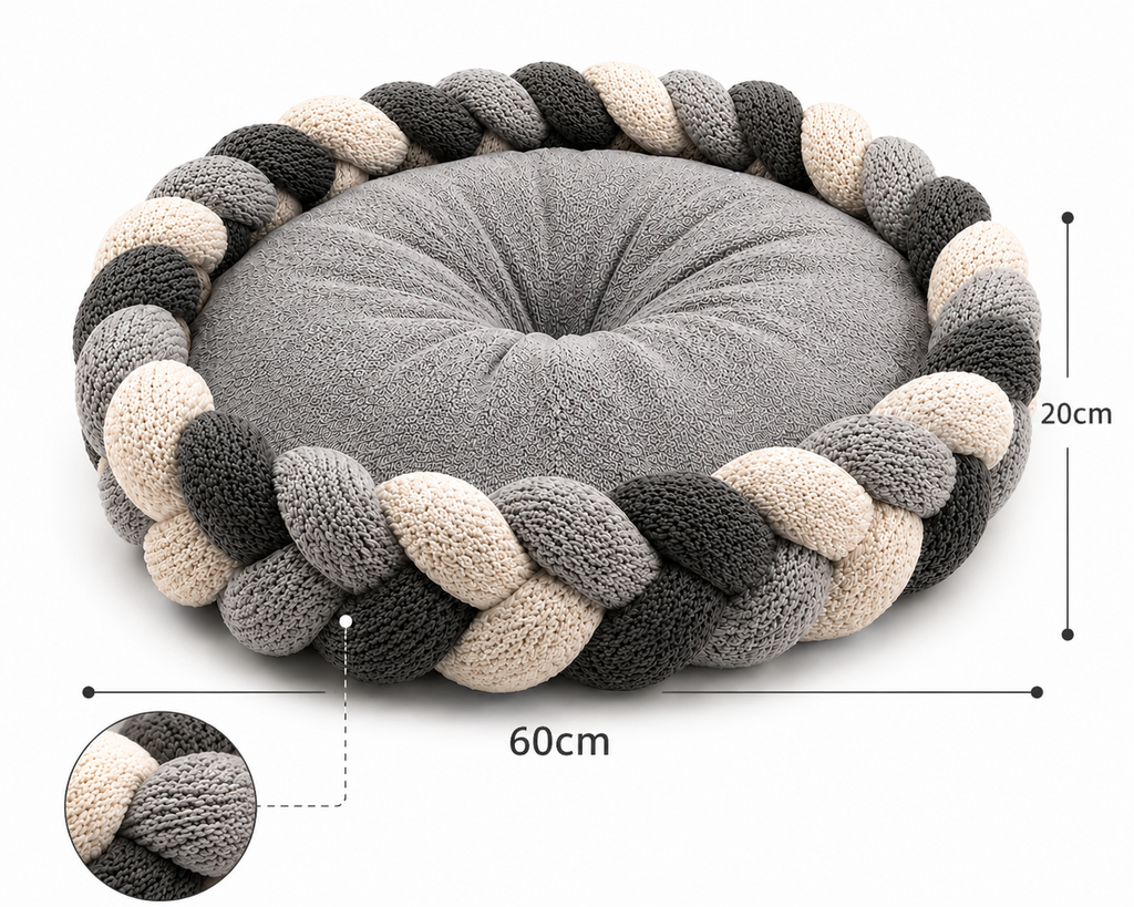 Handwoven Silver Grey Braided Calming Pet Bed – Plush Nest Cushion for Cats & Small Dogs