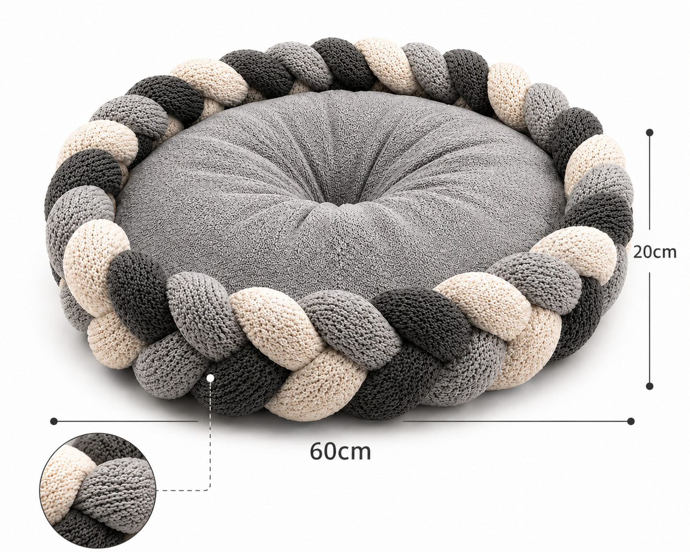 Handwoven Silver Grey Braided Calming Pet Bed – Plush Nest Cushion for Cats & Small Dogs
