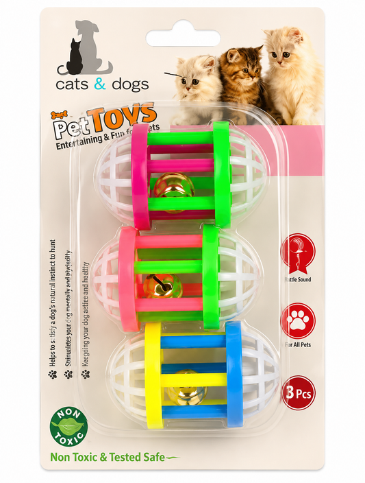 Cat Toy Ball with Bell – Set of 3 Rolling Balls for Cats, Birds & Small Pets